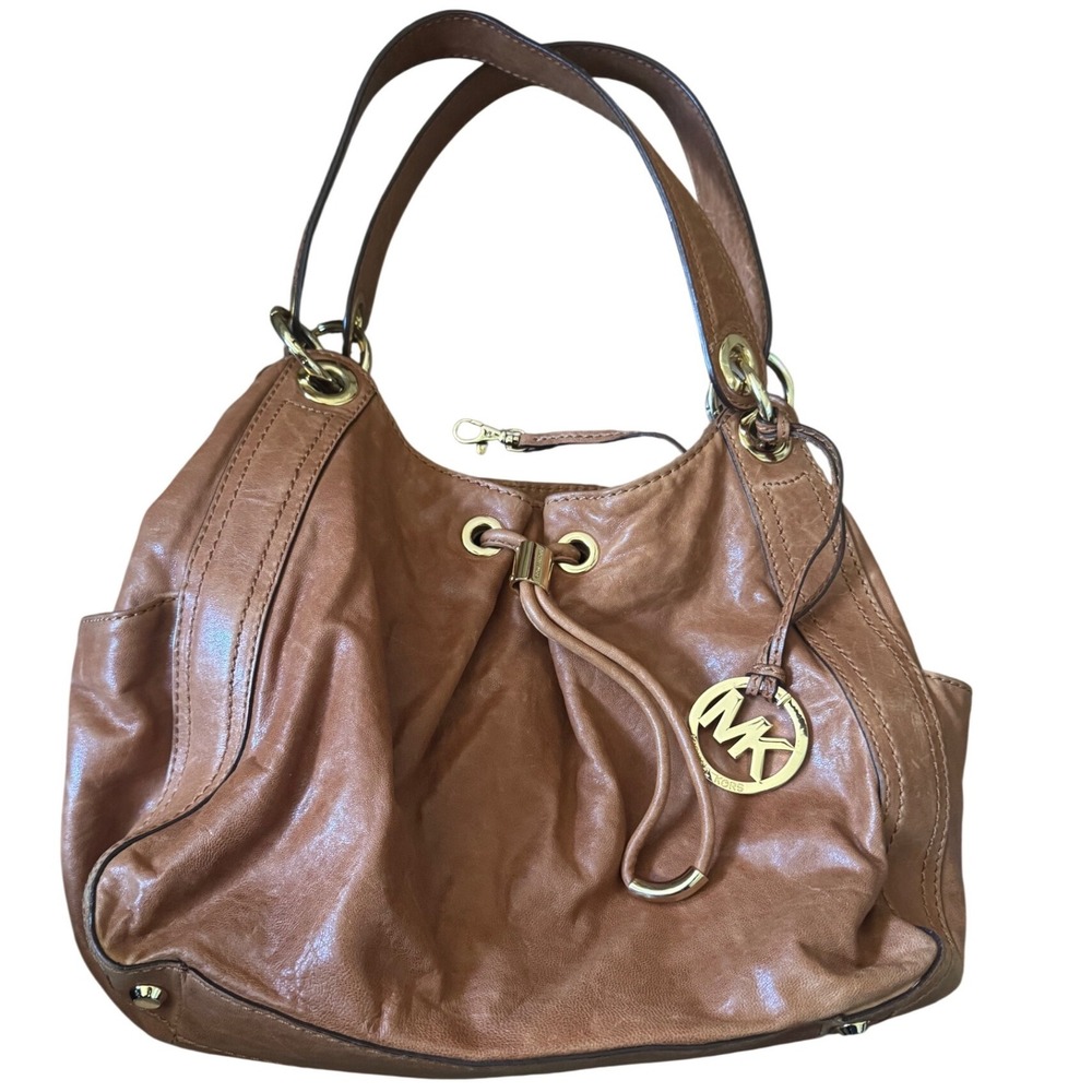 Michael Kors Leather Cognac Slouchy Drawstring Gold Tone Hardware Tote Bag - Picture 1 of 12